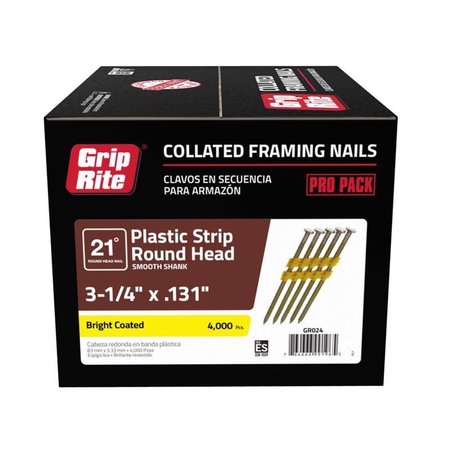 Grip-Rite Collated Framing Nail, 3-1/4 in L, 10.25 ga, Bright, Round Head, 21 Degrees, 4000 PK GR024